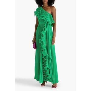 Badgley Mischka One-Shoulder Ruffled Plissé-Georgette Gown $990 Green sz 4 NWOT